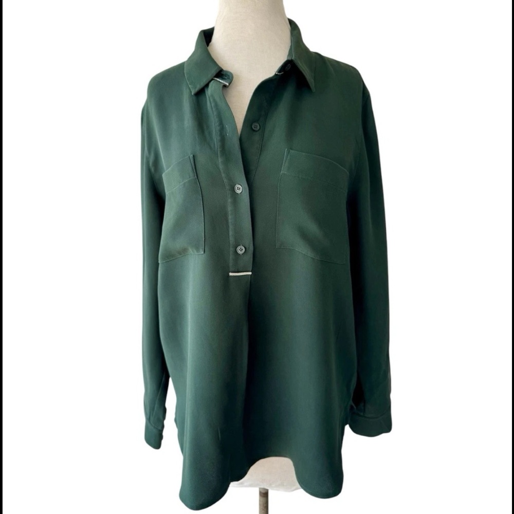 Lafayette 148 Green Prianka Silk Quarter Blouse Sz L Silver Chain Accent As Is